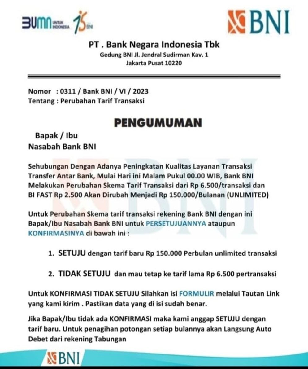 Kembali Beredar! Hoaks BNI Naikan Tarif Transaksi jadi Rp 150 Ribu