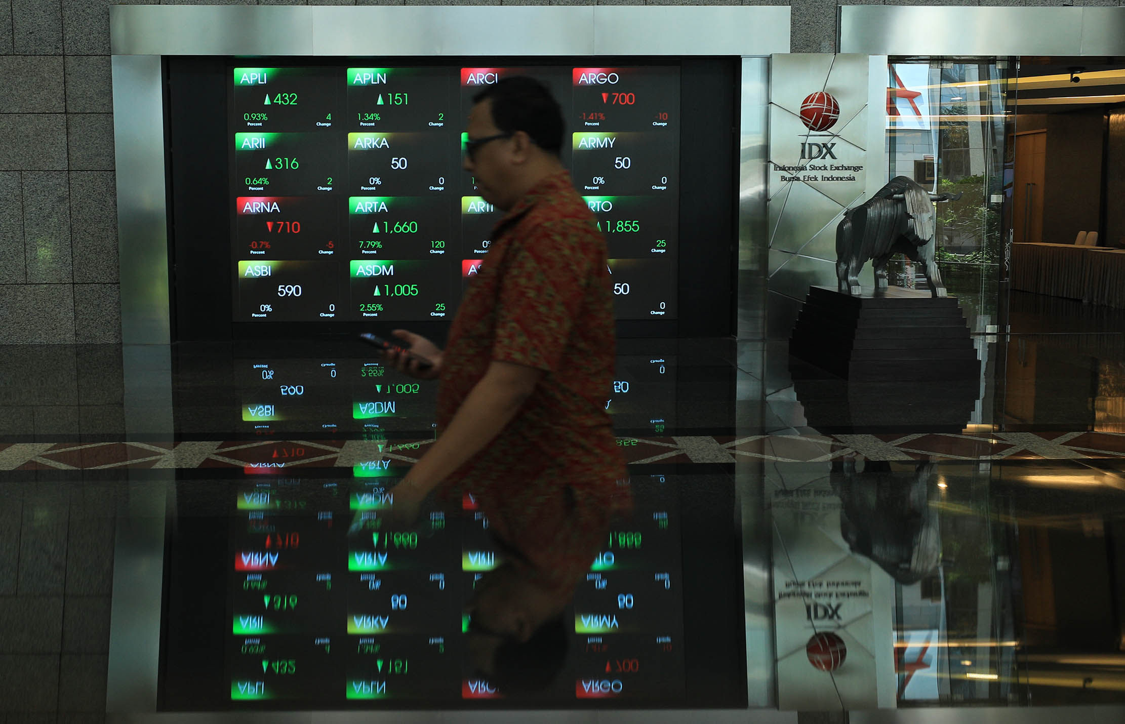 Pekerja berjalan di depan layar yang menampilkan pergerakan saham di Mail Hall Bursa Efek Indonesia (BEI), Jakarta 17 Oktober 2023. Foto : Panji Asmoro/TrenAsia
