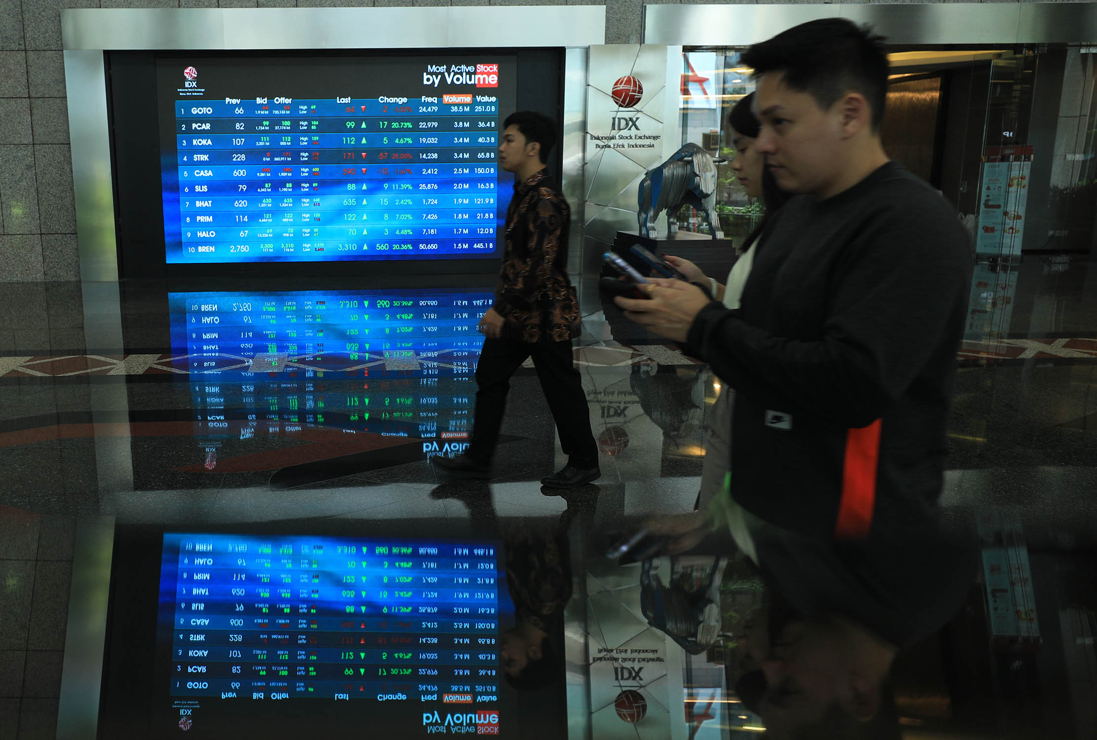 Pekerja berjalan di depan layar yang menampilkan pergerakan saham di Mail Hall Bursa Efek Indonesia (BEI), Jakarta 17 Oktober 2023. Foto : Panji Asmoro/TrenAsia