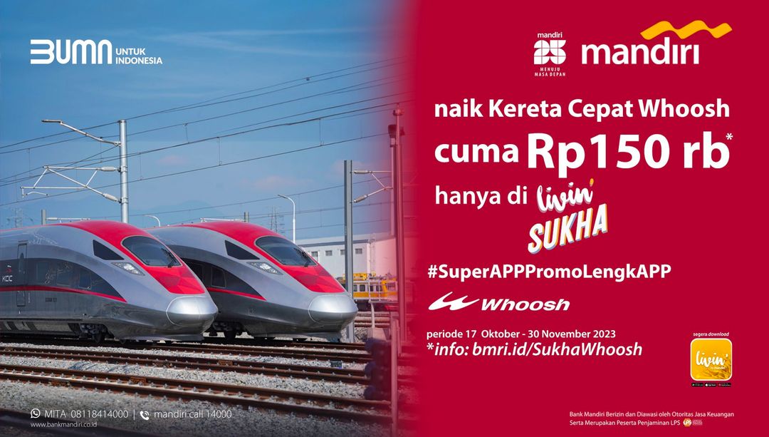 Pembelian tiket Kereta Cepat Whoosh sudah bisa dilakukan melalui Livin’ by Mandiri dengan harga penawaran Rp150 ribu selama batas periode tertentu. 