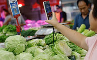 Seorang Pelanggan Memindai Kode QR untuk Membayar Sayuran di Pasar, Beijing