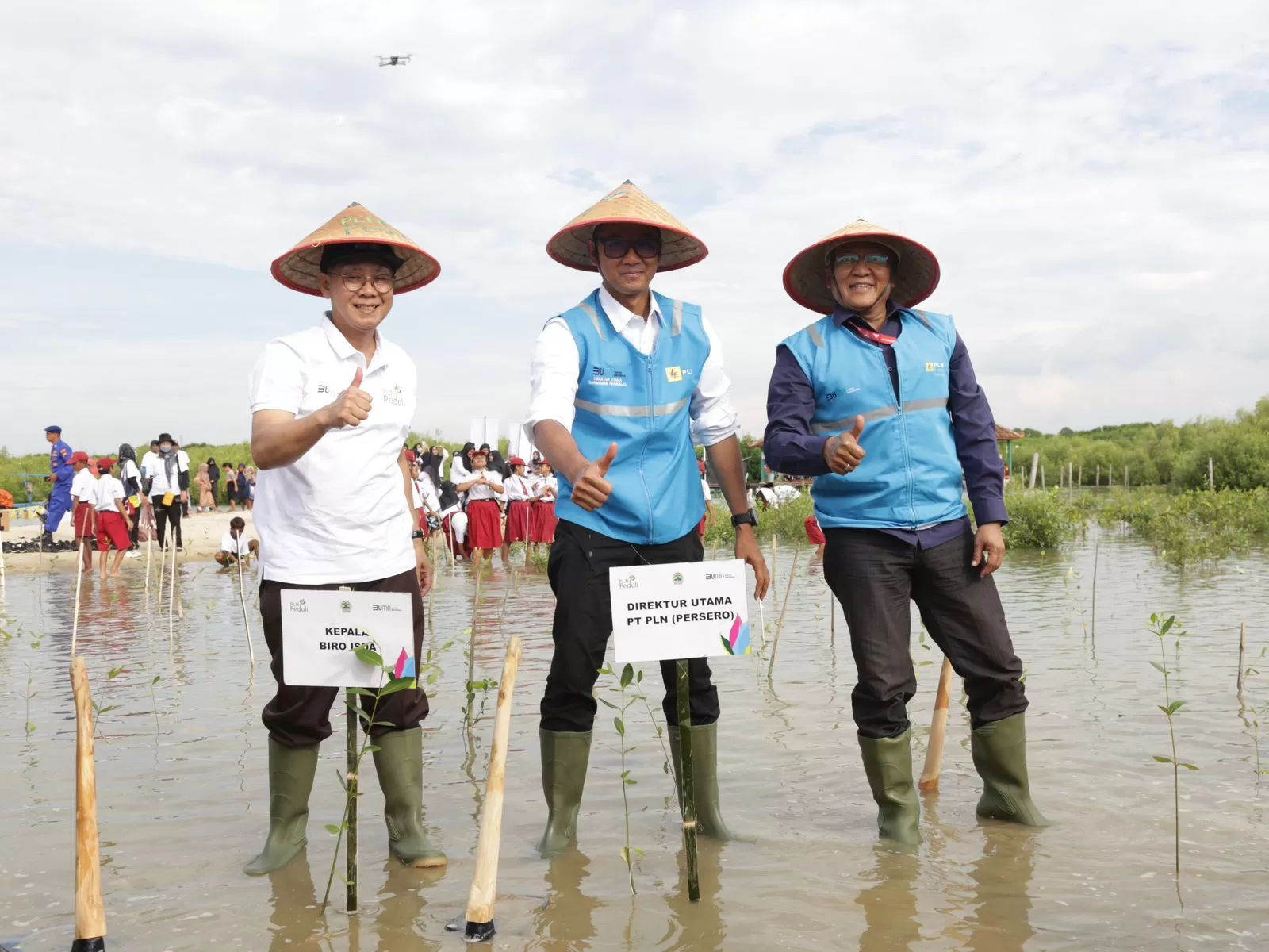 Dirut PLN Darmawan Prasodjo (tengah) saat menanam mangrove di lahan seluas 10 hektare di kawasan konservasi Pasarbanggi, Rembang, Jawa Tengah