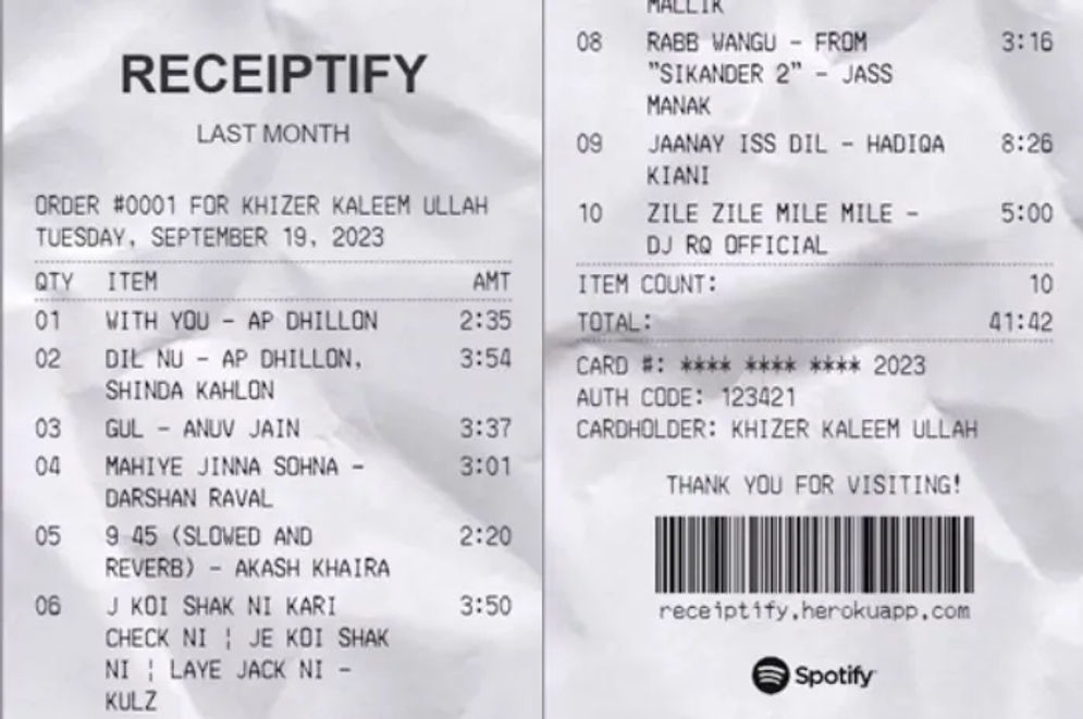 Spotify Receiptify memiliki tampilan yang unik seperti sebuah nota belanjaan yang berisi daftar lagu yang sering Anda gunakan.
