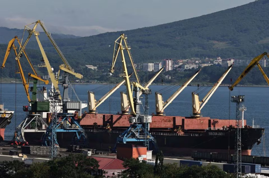 Pengangkut Curah Yan Dun Jiao 1 di Pelabuhan Peti Kemas Vostochny di tepi Teluk Nakhodka (Reuters/Tatiana Meel)