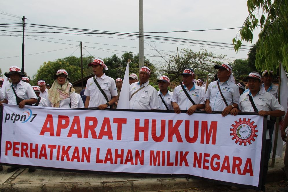 Seratusan massa Serikat Pekerja Perkebunan Nusantara (SPPN) VII menggelar aksi damai di halaman kantor Pengadilan Negeri Blambangan Umpu