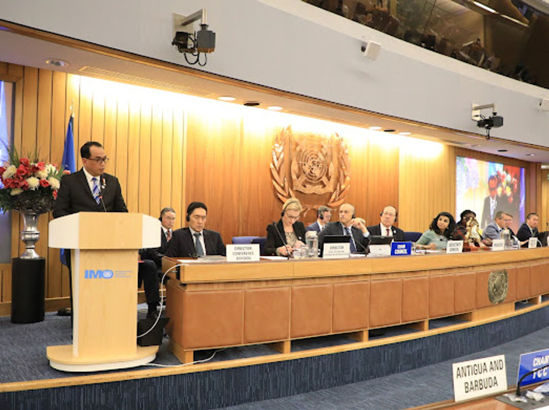 Menteri Perhubungan Budi Karya Sumadi saat memberikan general statement dalam Sidang Majelis International Maritime Organization (IMO) ke-33 di London, Senin, 27 November 2023.