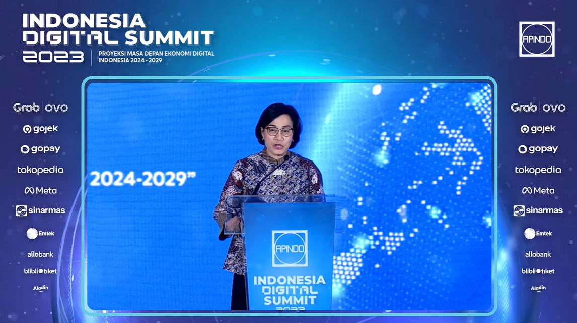 Menteri Keuangan Sri Mulyani Indrawati dalam APINDO Indonesia Digital Summit 2023 pada Selasa, 28 November 2023 di Jakarta.