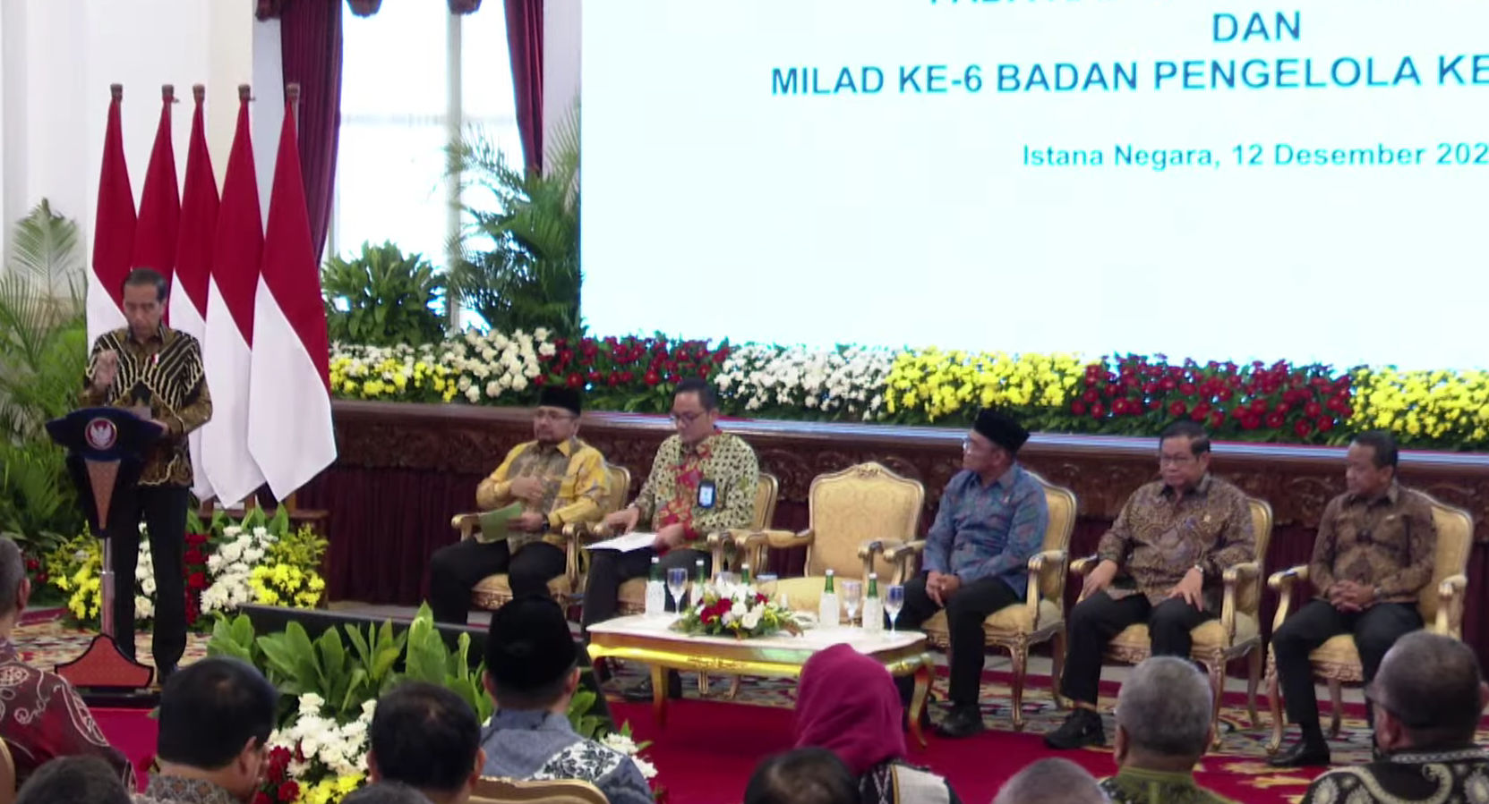 Presiden Jokowi memberi sambutan pada acara Raker dan Milad ke-6 BPKH di Istana Negara, Selasa 12 Desember 2023.
