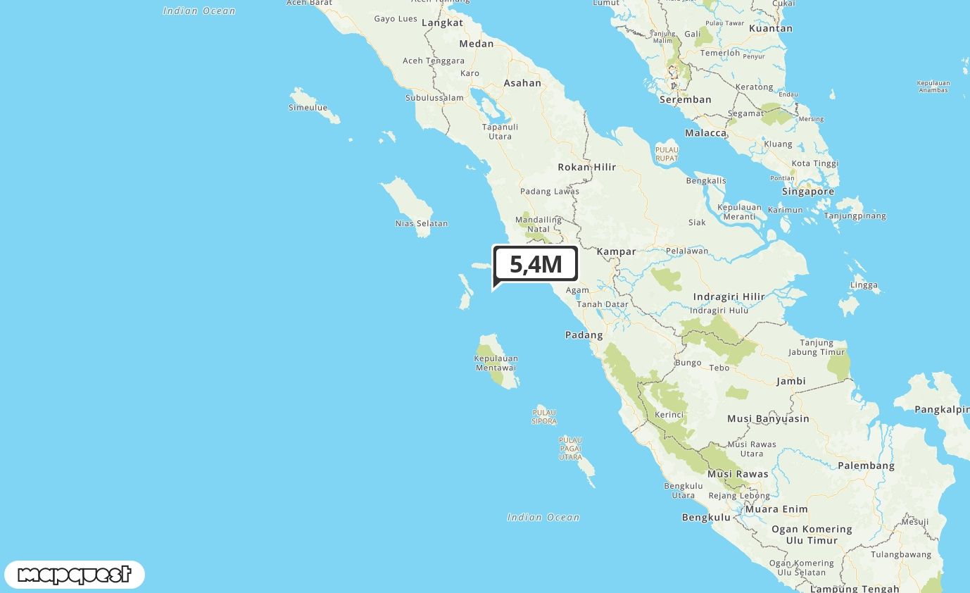 Pusat gempa berada di laut 130 km BaratDaya Pasaman Barat