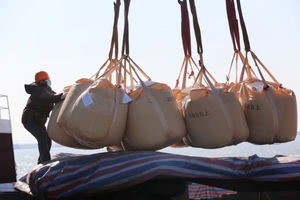 Seorang Pekerja yang Memakai Masker, Mengangkut Pupuk untuk Diekspor di Sebuah Pelabuhan di Nantong, Provinsi Jiangsu, China