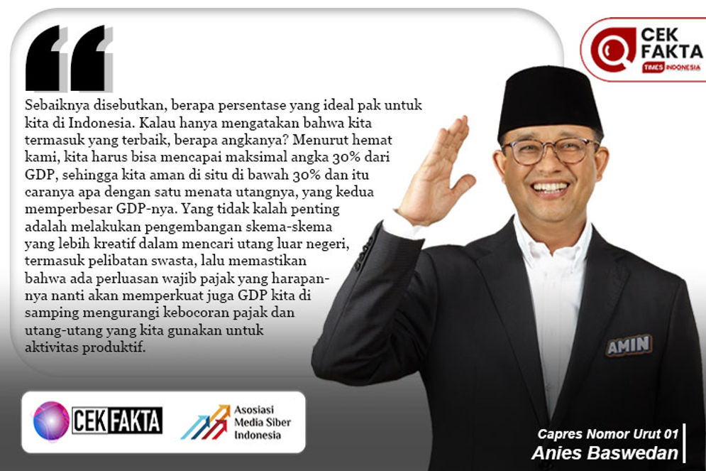 Debat Capres:  Anies Baswedan Utang Indonesia Belum Ideal karena Rasio Utang Terhadap GDP Masih Lebih 30 Persen, ini Faktanya