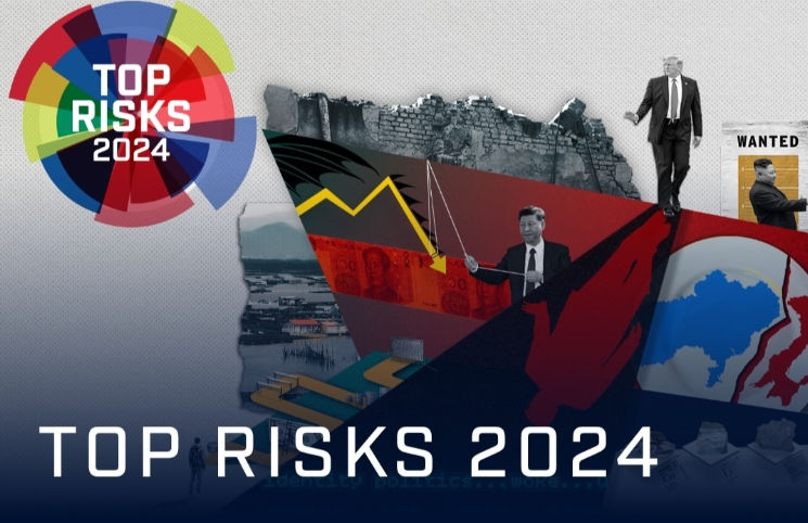 Sebuah konsultan risiko politik yang berkantor pusat di AS, menunjukkan laporan Top Risks 2024 (Yonhap/Eurasia Group)