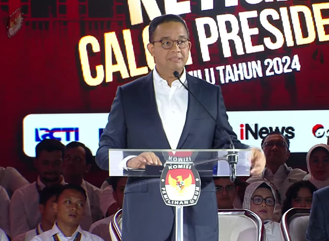 Anies Baswedan saat memaparkan visi misi dalam debat capres ketiga, Minggu 7 Januari 2024