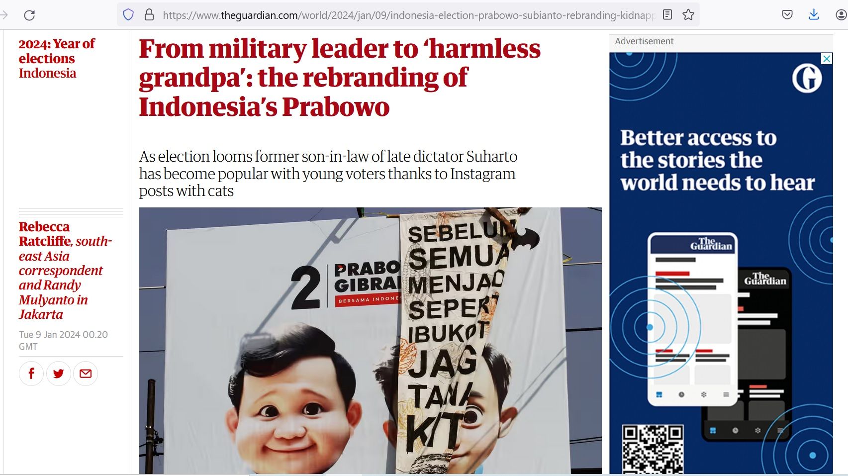 Tangkapan layar artikel The Guardian yang membahas Prabowo Subianto.