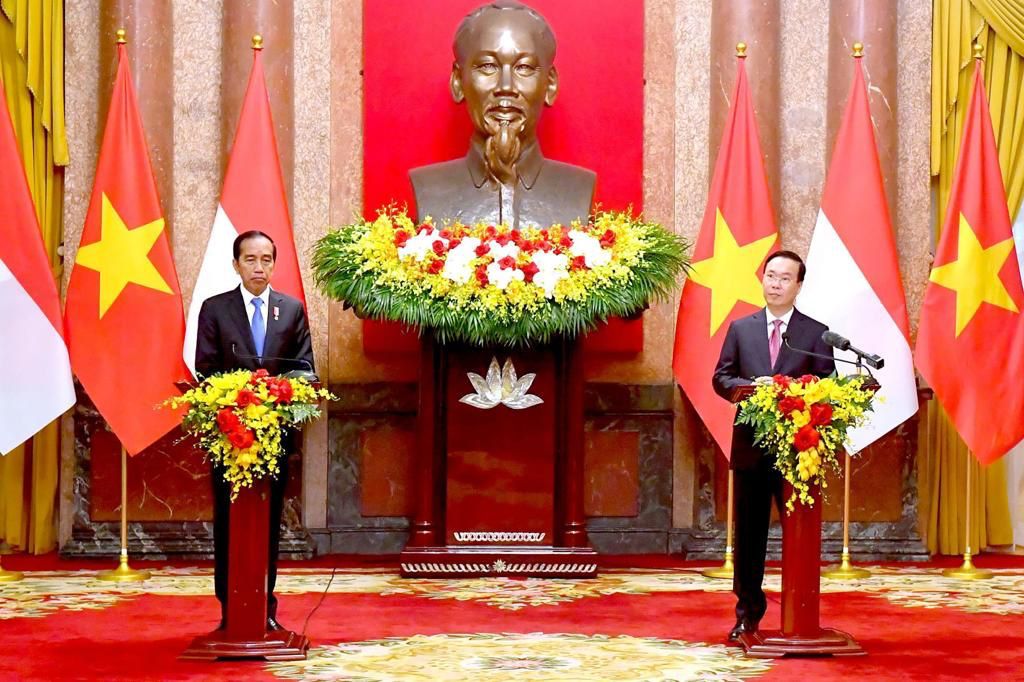 Presiden Jokowi melakukan pertemuan bilateral dengan Presiden Vietnam Vo Van Thuong, di Istana Kepresidenan, Hanoi, Vietnam pada Jumat, 12 Januari 2024.