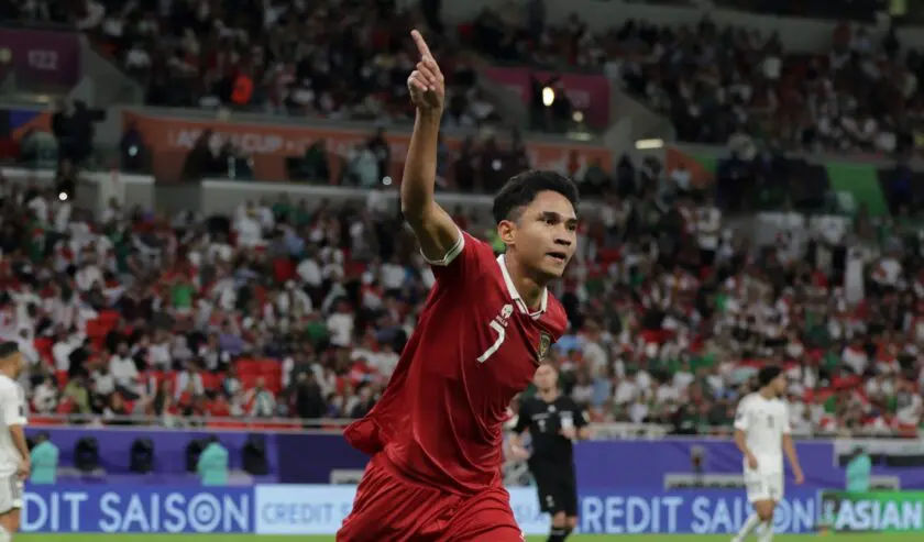 Marselino Ferdinan melakukan selebrasi usai mencetak gol di Piala Asia 2023 Qatar