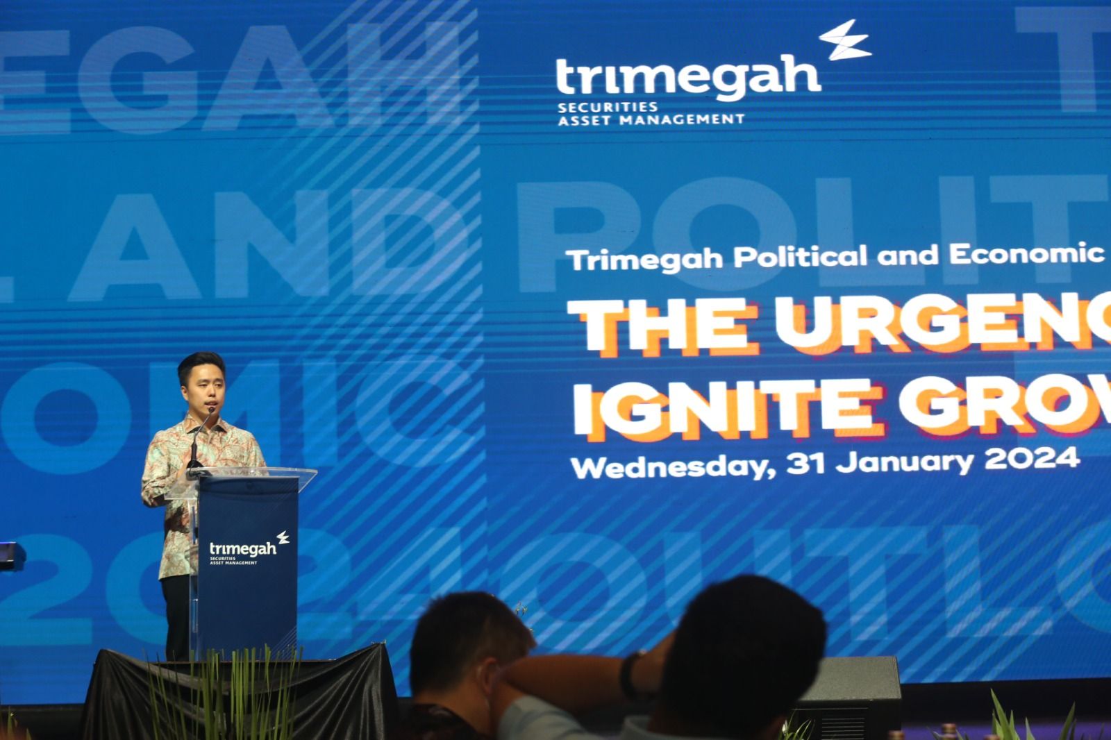 Acara Trimegah Economic and Political Outlook 2024 di Ritz-Carlton Jakarta, Rabu, 31 Januari 2024.