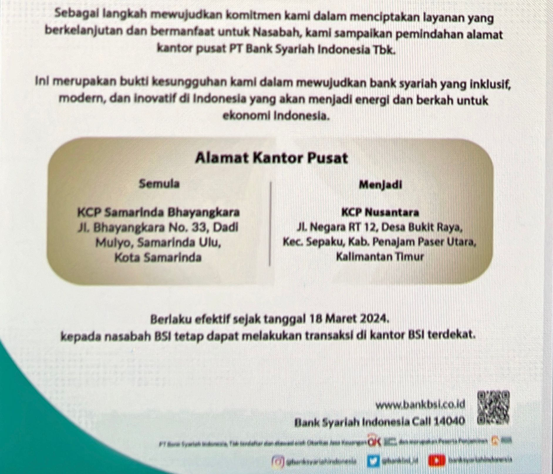 Bank Syariah Indonesia Relokasi KCP Samarinda Bhayangkara ke IKN