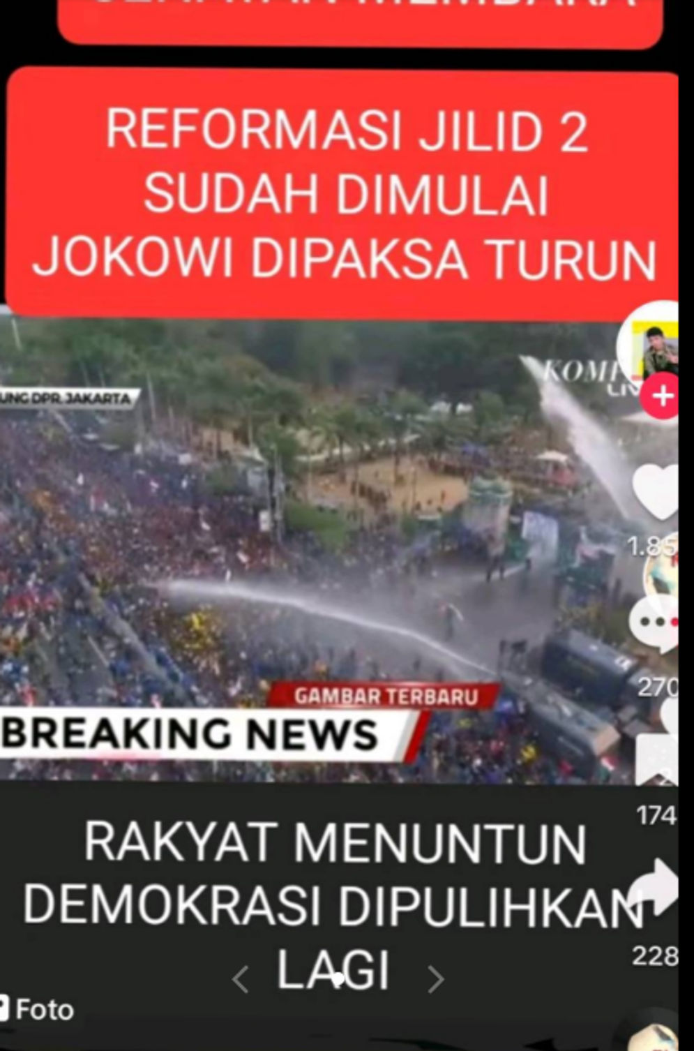 Hoaks: Massa Aksi Reformasi Jilid 2 di Depan Gedung DPR RI Ditembaki Water Canon