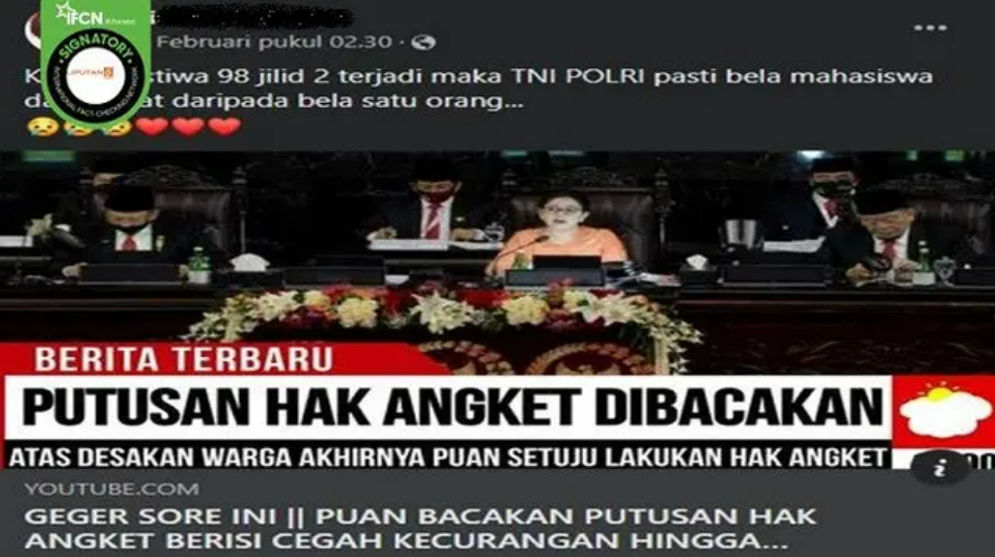 Hoaks: Video Puan Maharani Bacakan Hak Angket Kecurangan Pemilu dan Pemakzulan Presiden