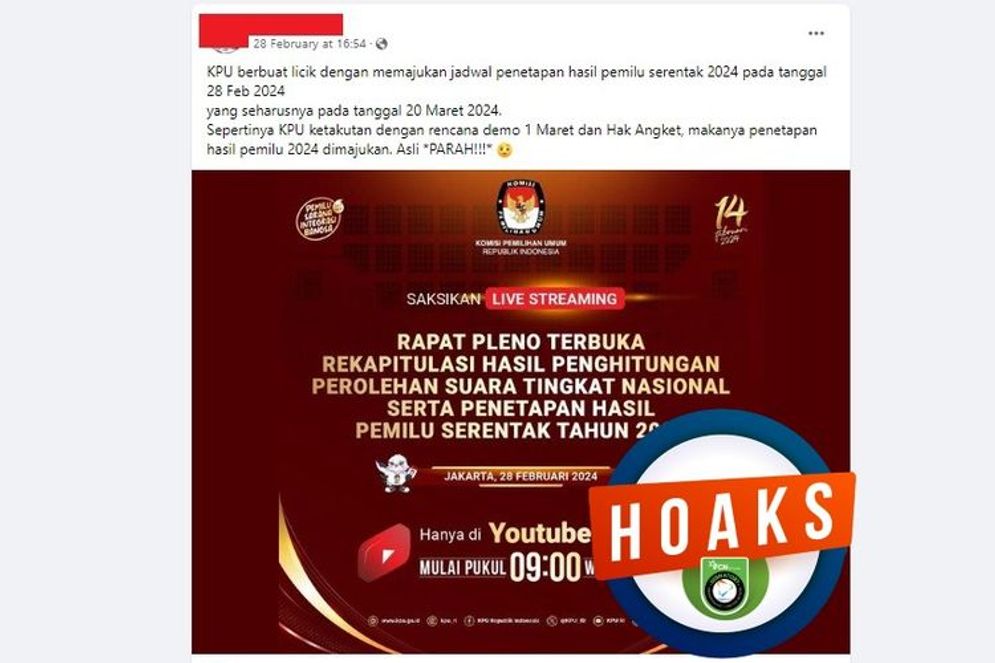 Hoaks: Jadwal Penetapan Hasil Pemilu 2024 Dimajukan KPU pada 28 Februari