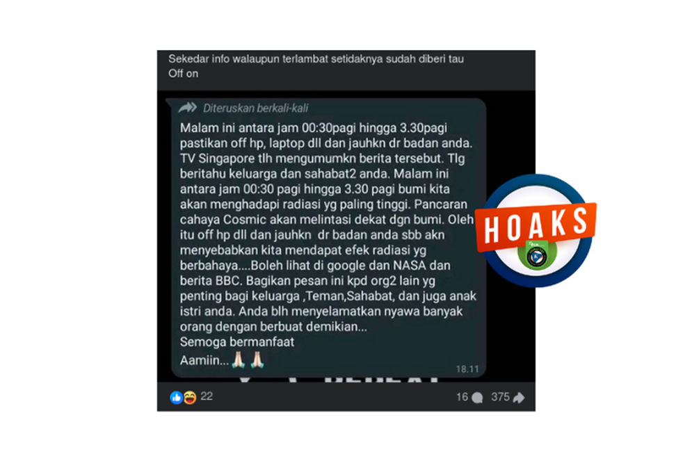 Hoaks: Pesan Berantai Berisi Imbauan Mematikan Ponsel untuk Hindari Radiasi Kosmik