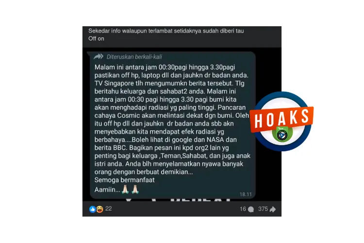 Hoaks: Pesan Berantai Imbauan Matikan Ponsel Hindari Radiasi Kosmik