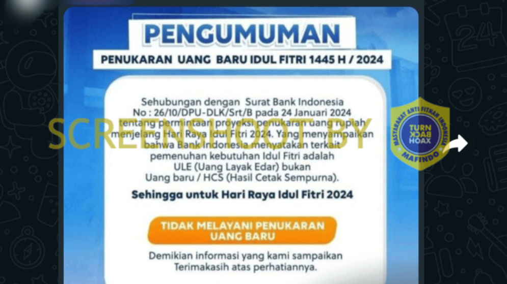 Hoaks: Bank Indonesia Keluarkan Surat Edaran tidak Melayani Penukaran Uang Baru