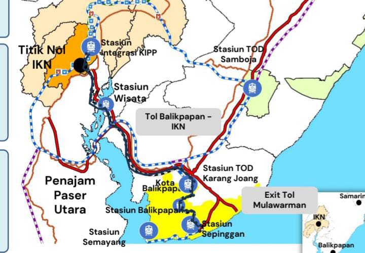 Rencana jalur kereta api Bandara Sepinggan-Kawasan Inti Pusat Pemerintahan (KIPP) IKN. 