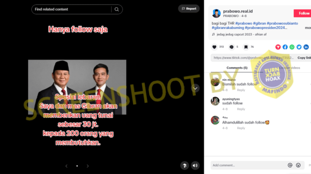 Hoaks: Prabowo dan Gibran bagi Uang Rp 30 Juta hanya Dengan Follow Akun Tiktok