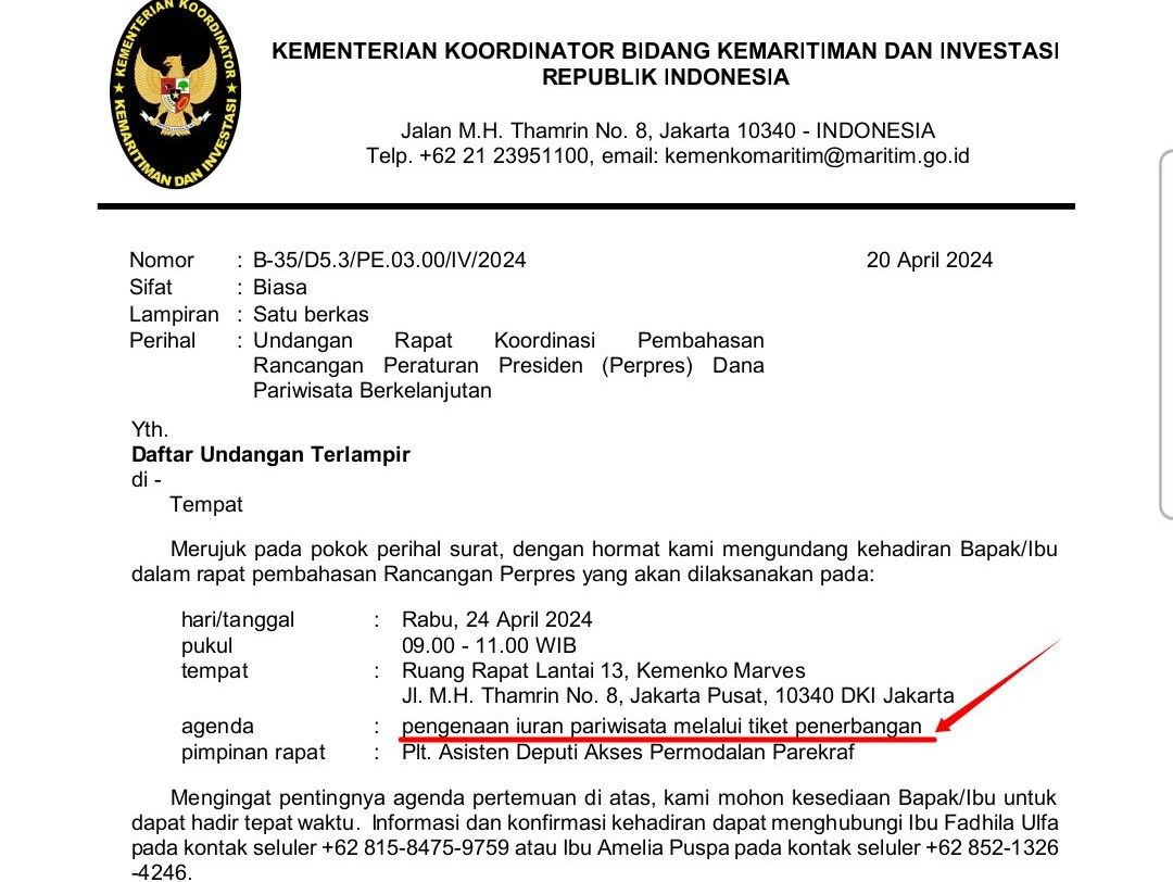 tangkapan layar undangan membahas iuran pariwisata masuk dalam komponen tiket pesawat yang dibagikan pengamat penerbangan, Alvin Lie. 