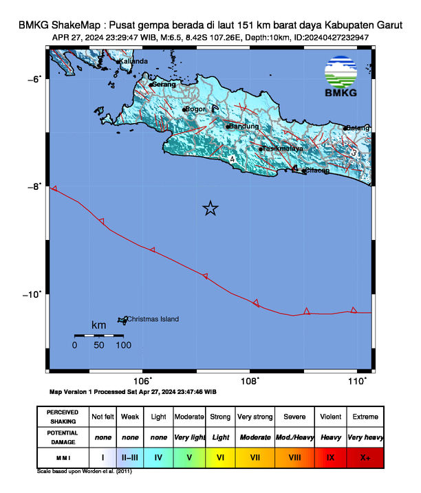 Pusat gempa berada di laut 151 km barat daya Kabupaten Garut (Twitter/@infoBMKG)