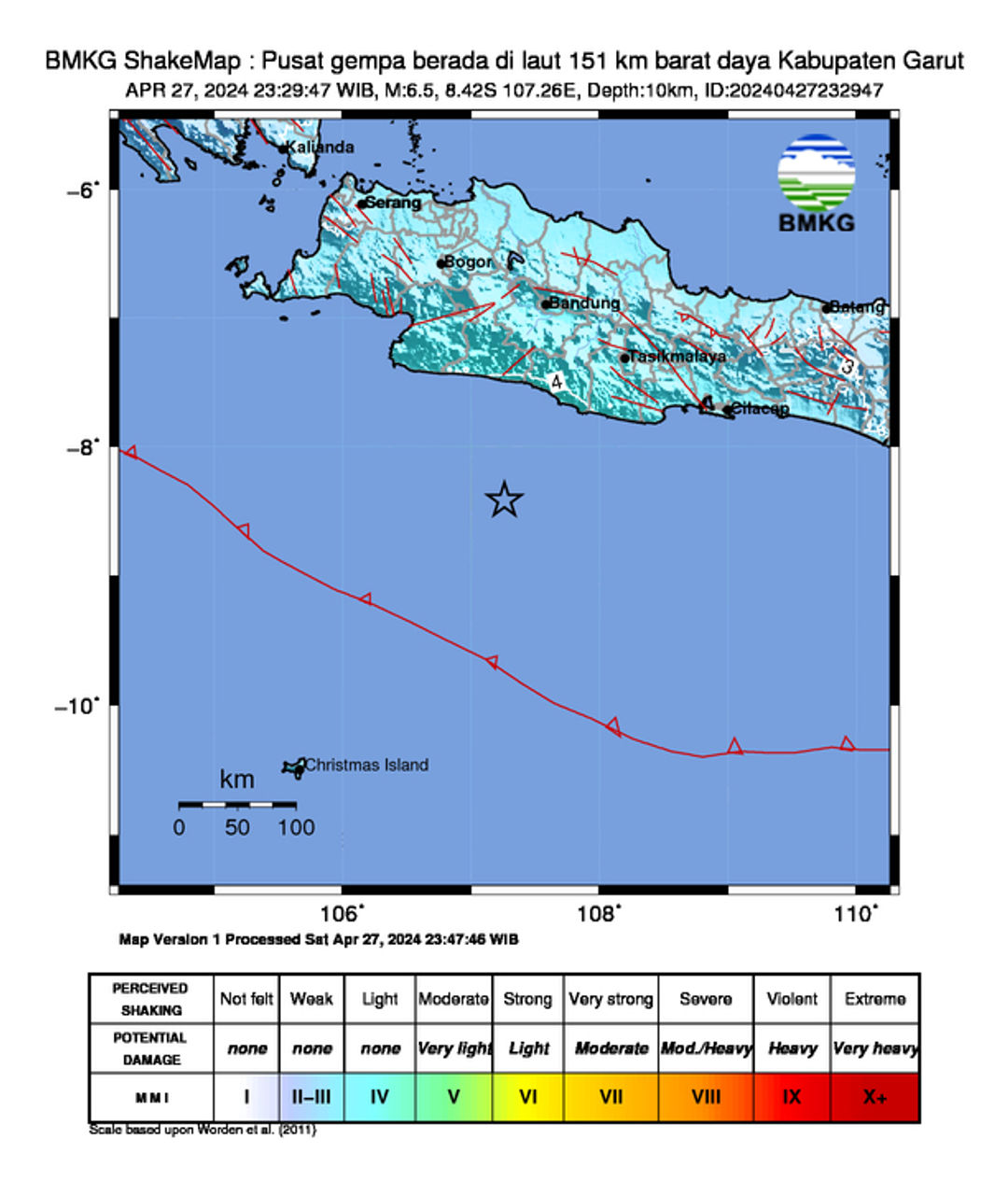 Pusat gempa berada di laut 151 km barat daya Kabupaten Garut (Twitter/@infoBMKG)