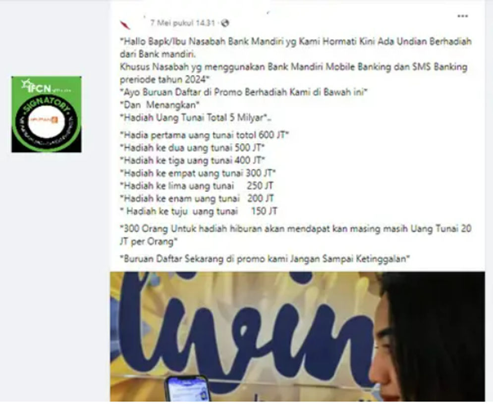 Hoaks: Klaim Pendaftaran Promo hadiah dari Bank Mandiri