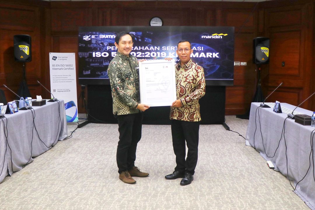 Bank Mandiri berhasil meraih sertifikasi ISO 56002 Kitemark, atas penerapan sistem manajemen inovasi yang telah sesuai dengan standar internasional.