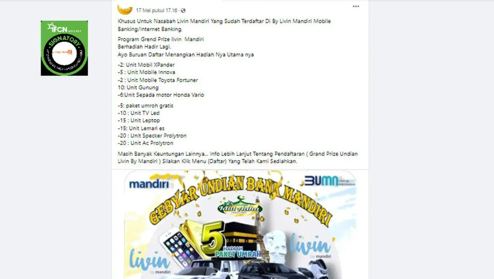 Hoaks: Program Grnad Prize Livin Bank Mandiri, Cek Faktanya Yuk!