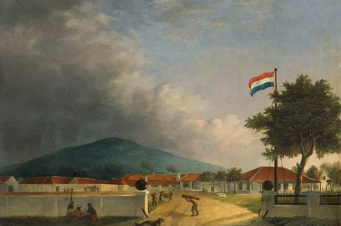 Lukisan bertajuk De suikerfabriek Kedawong bij Pasoeroean op Java karya H.Th. Hesselaar, 1849. Pemandangan kompleks Pabrik Gula Kedawong dekat Pasuruan di Jawa. 