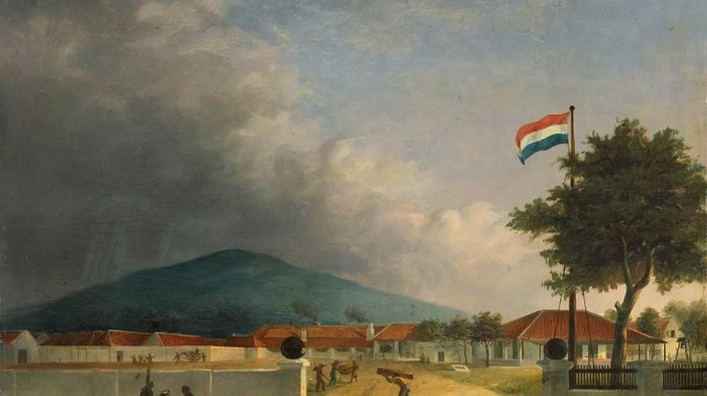 Lukisan bertajuk De suikerfabriek Kedawong bij Pasoeroean op Java karya H.Th. Hesselaar, 1849. Pemandangan kompleks Pabrik Gula Kedawong dekat Pasuruan di Jawa. 