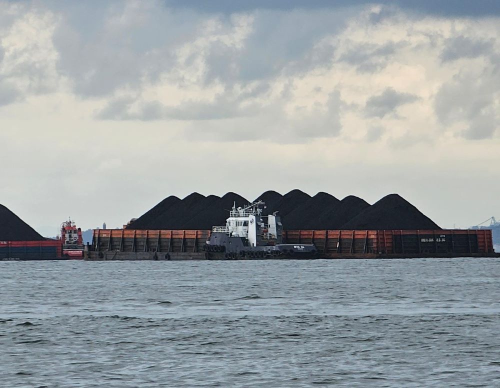 Sebuah tugboat menarik tongkang berisi batubara di Teluk Balikpapan,  Jumat, 2 Agustus 2024. BPS Kaltim mencatat nilai  ekspor nonmigas menanjak. 