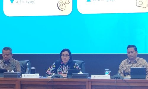 Sri Mulyani dalam konferensi pers virtual APBN Kita Juli 2024 di Kantor Kementerian Keuangan, Jakarta, Selasa, 13 Agustus 2024.