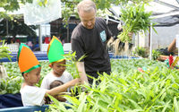 Managing Director of Bosch in Indonesia Pirmin Riegger memanen kangkung bersama anak-anak disela penyerahan donasi  untuk Program Asah Asih Asuh di PAUD Kenanga 7, Jakarta Barat, Kamis 15 Agustus 2024. Foto : Panji Asmoro/TrenAsia
