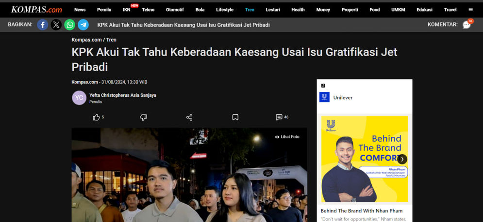 Hoaks: Gibran yang disertai narasi “dek…kamu di mana?” dalam artikel Kompas.com