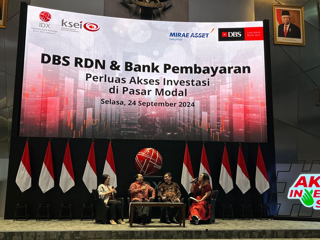 Seremoni kerja sama Bank DBS Indonesia dan Mirae Asset Sekuritas di Bursa Efek Indonesia (BEI), Jakarta, Selasa, 24 September 2024.