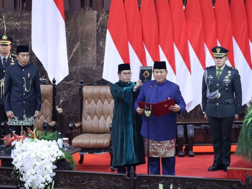 Pembacaan sumpah presiden oleh Prabowo Subianto di Istana Kepresidenan Jakarta, Minggu (20/10/2024).