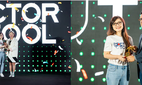 Penerimaan Piala Penghargaan Ketiga dan Crowd Favorite oleh Elisa Yoshigoe Wijaya, Chief Commercial Officer & Co-Founder DoctorTool, bersama para juri Christina Teo (kiri) dan Faiz Rahman (kanan). Sumbe.jpg