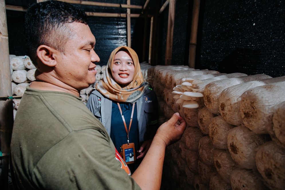 Karyawan PLN Nusantara Power Unit Pembangkitan Cirata (kanan) berinteraksi dengan petani jamur penerima manfaat (kiri) dalam Program CSR SIMAGMUR 