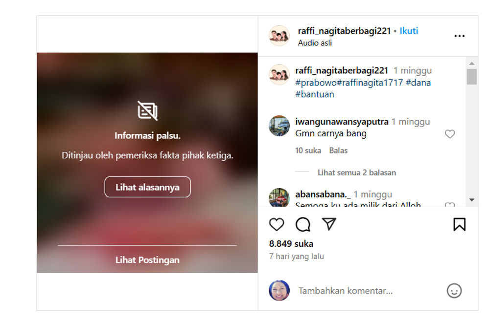 Hoaks: Raffi Ahmad dan Prabowo Luncurkan Dana Bantuan untuk Masyarakat