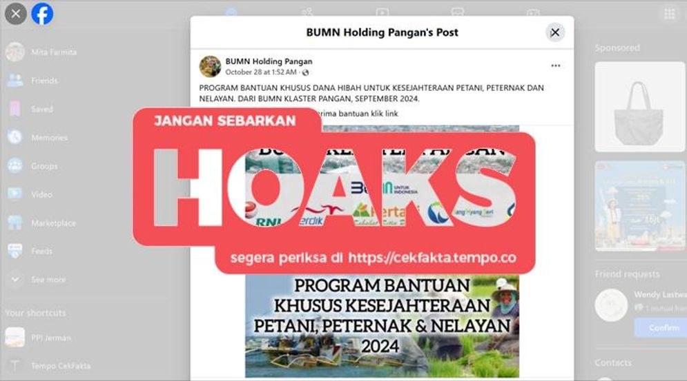 Ini Konten Keliru, Tautan untuk Mengakses Bantuan BUMN Klaster Pangan