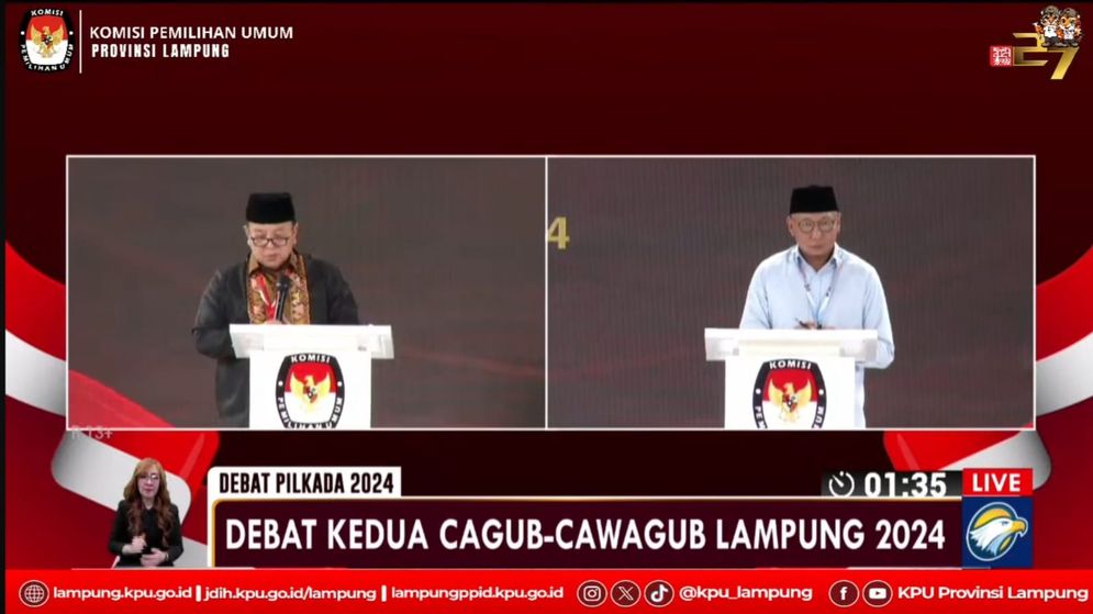 Calon Gubernur Lampung Arinal Djunadi dan Rahmat Mirzani Djausal dalam debat publik kedua yang disiarkan secara langsung melalu kanal YouTube KPU Provinsi Lampung.