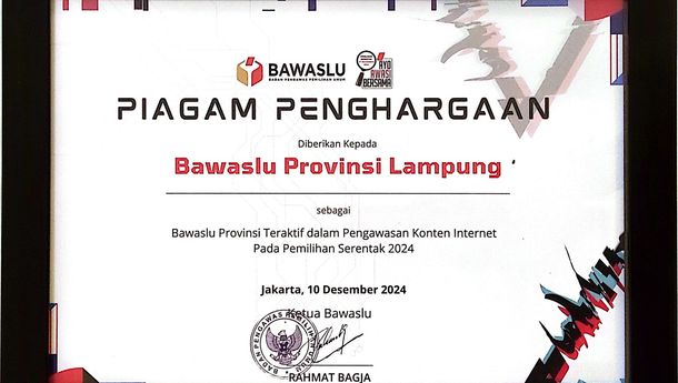 Bawaslu Lampung Raih Predikat Teraktif Pengawasan Konten Internet pada Pemilihan Serentak 2024